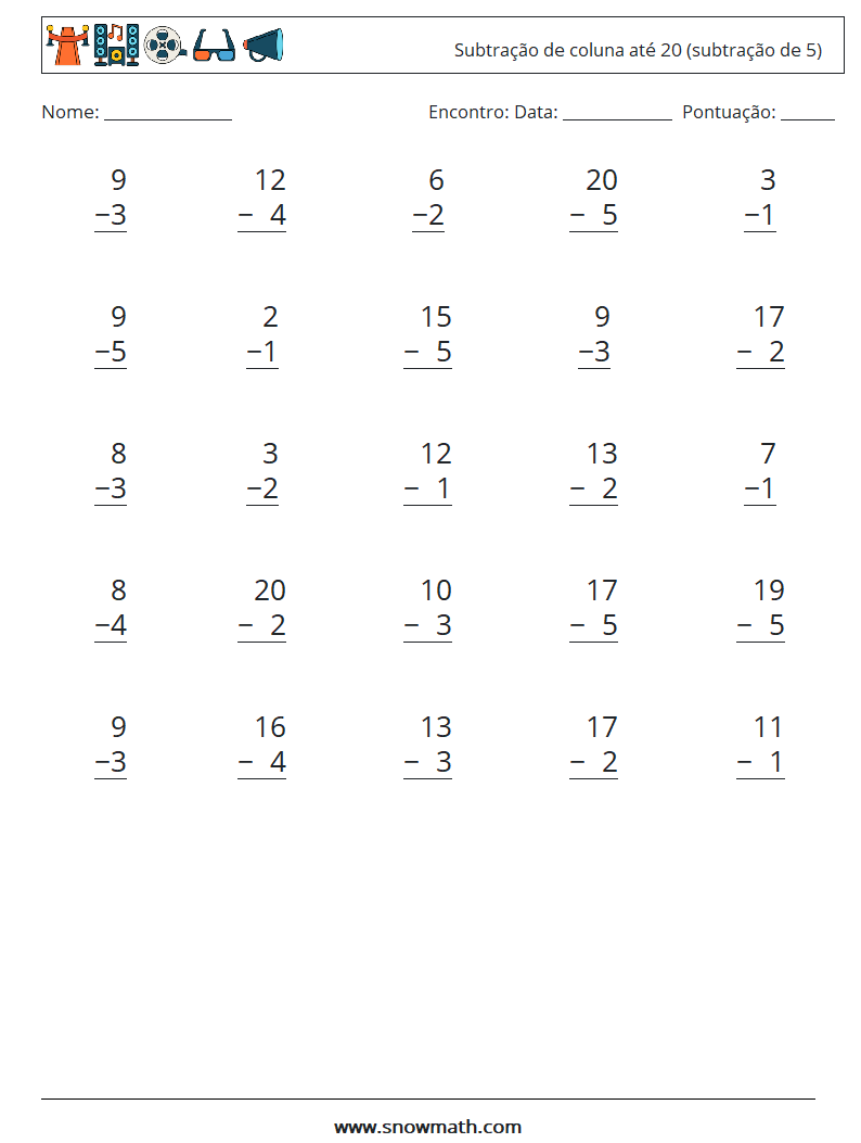 (25) Subtração de coluna até 20 (subtração de 5) planilhas matemáticas 10