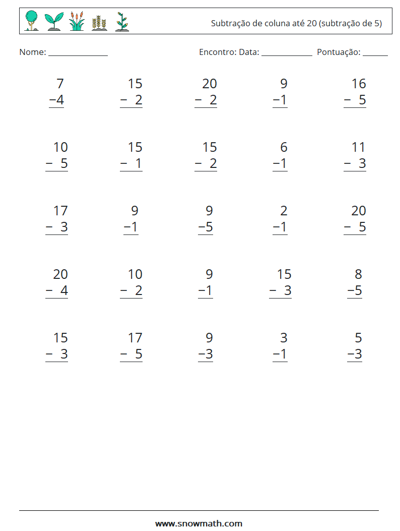 (25) Subtração de coluna até 20 (subtração de 5) planilhas matemáticas 11