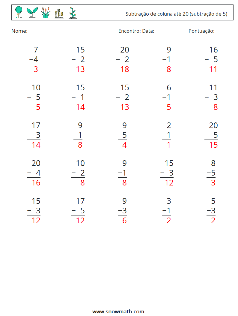 (25) Subtração de coluna até 20 (subtração de 5) planilhas matemáticas 11 Pergunta, Resposta