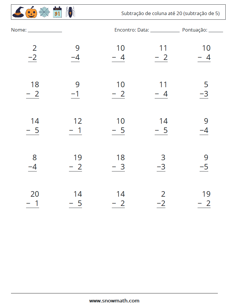 (25) Subtração de coluna até 20 (subtração de 5) planilhas matemáticas 12