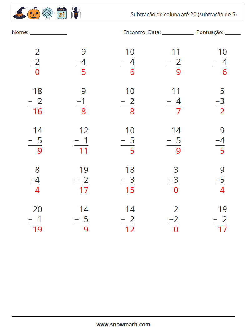 (25) Subtração de coluna até 20 (subtração de 5) planilhas matemáticas 12 Pergunta, Resposta