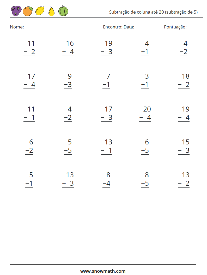 (25) Subtração de coluna até 20 (subtração de 5) planilhas matemáticas 13