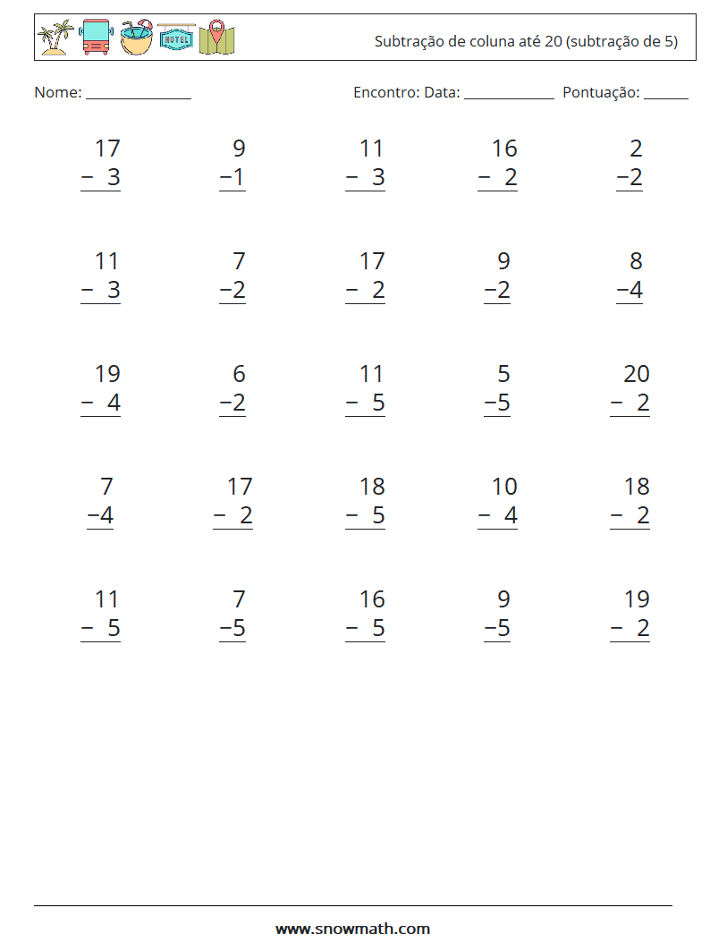 (25) Subtração de coluna até 20 (subtração de 5) planilhas matemáticas 14