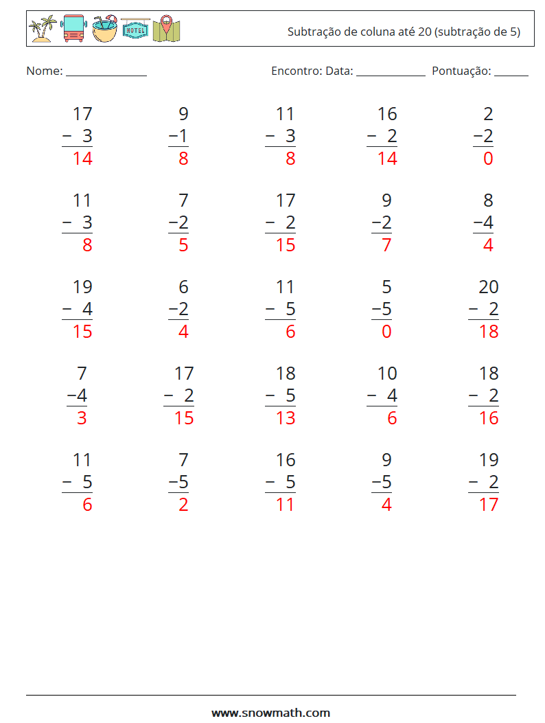 (25) Subtração de coluna até 20 (subtração de 5) planilhas matemáticas 14 Pergunta, Resposta