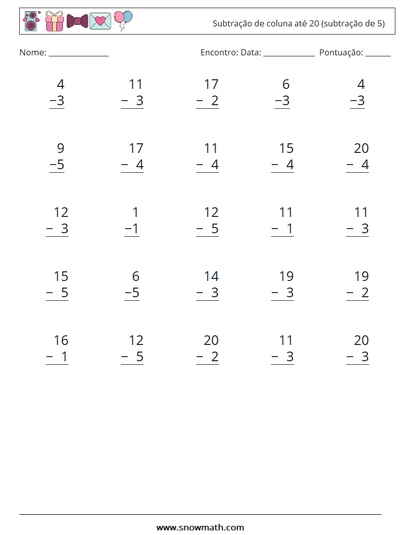 (25) Subtração de coluna até 20 (subtração de 5) planilhas matemáticas 15