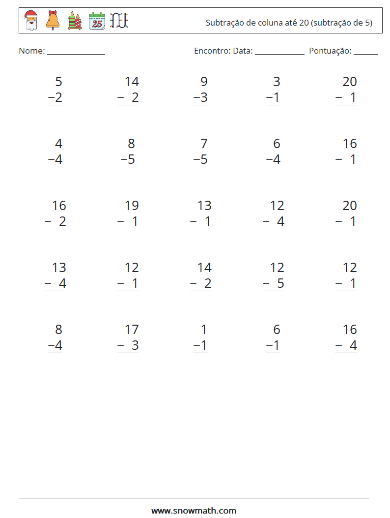 (25) Subtração de coluna até 20 (subtração de 5) planilhas matemáticas 16