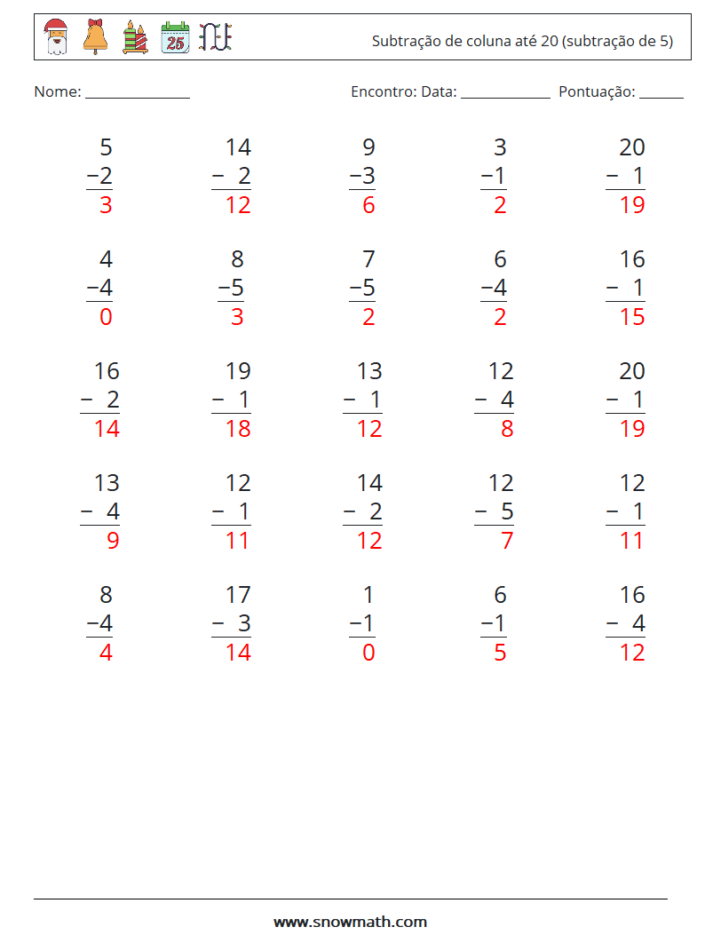 (25) Subtração de coluna até 20 (subtração de 5) planilhas matemáticas 16 Pergunta, Resposta