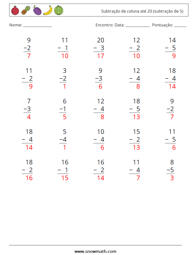 (25) Subtração de coluna até 20 (subtração de 5) planilhas matemáticas 17 Pergunta, Resposta