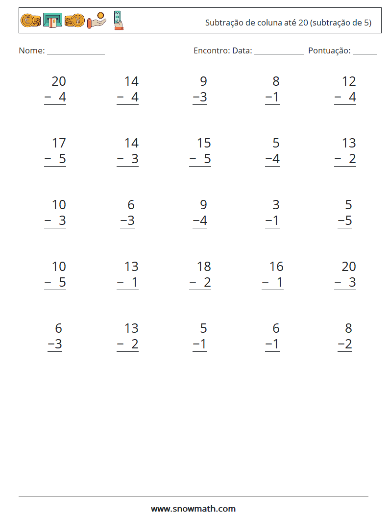 (25) Subtração de coluna até 20 (subtração de 5) planilhas matemáticas 18