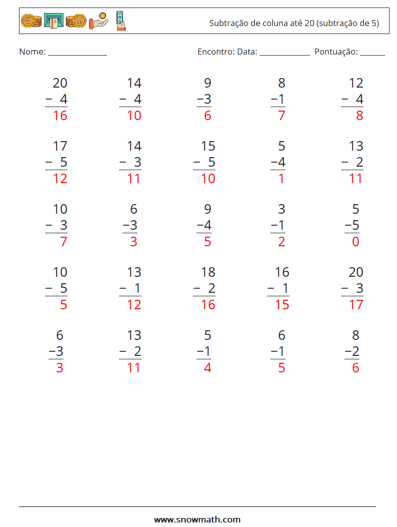 (25) Subtração de coluna até 20 (subtração de 5) planilhas matemáticas 18 Pergunta, Resposta