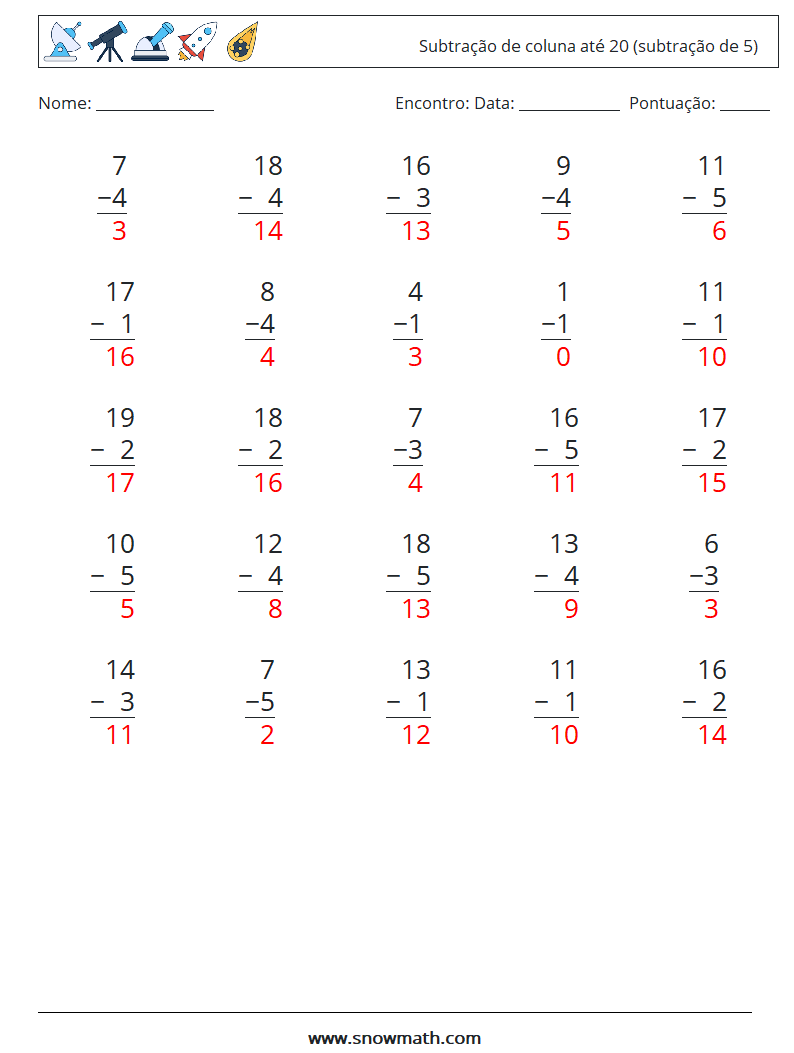 (25) Subtração de coluna até 20 (subtração de 5) planilhas matemáticas 1 Pergunta, Resposta