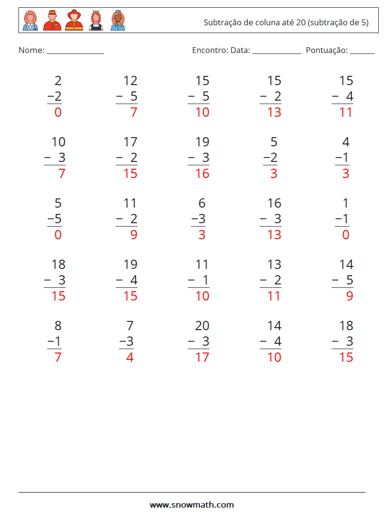 (25) Subtração de coluna até 20 (subtração de 5) planilhas matemáticas 2 Pergunta, Resposta