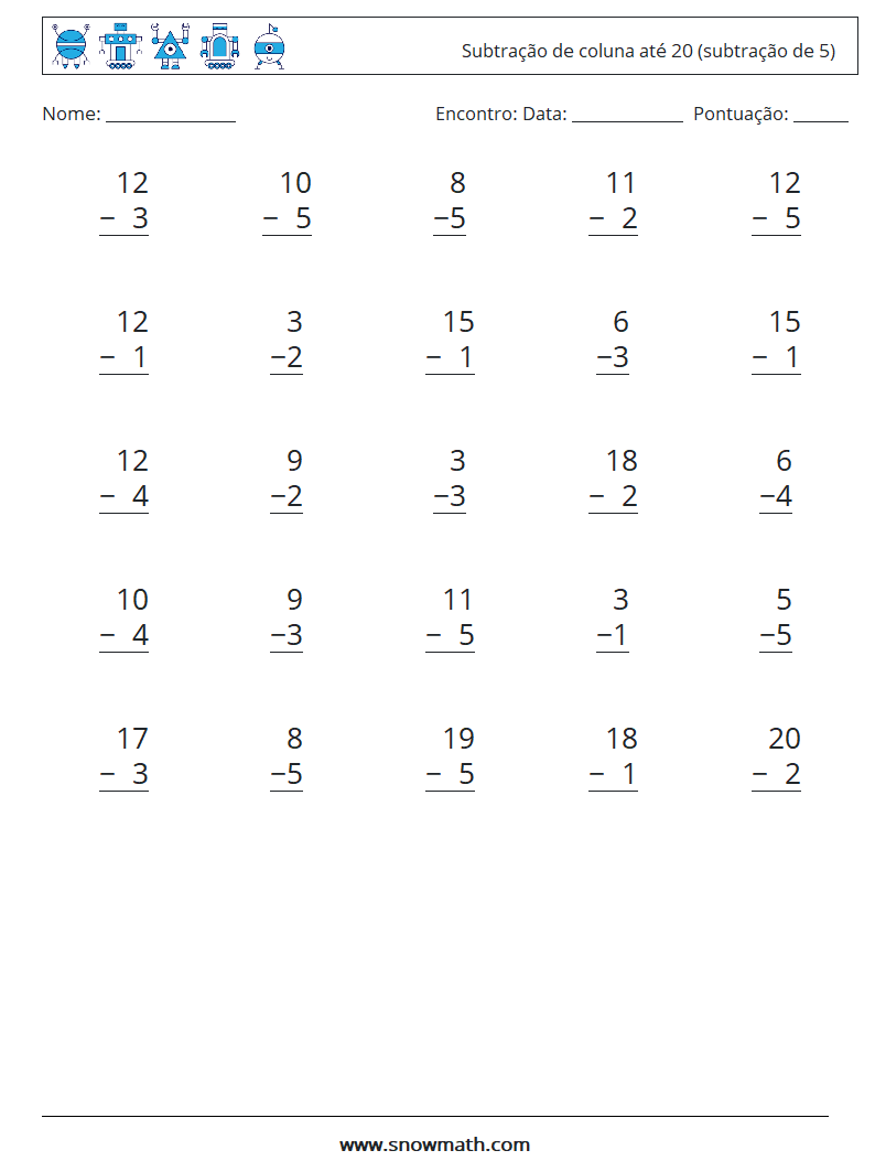 (25) Subtração de coluna até 20 (subtração de 5) planilhas matemáticas 3