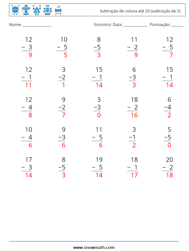 (25) Subtração de coluna até 20 (subtração de 5) planilhas matemáticas 3 Pergunta, Resposta