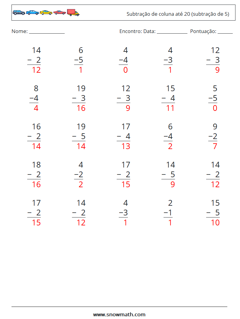 (25) Subtração de coluna até 20 (subtração de 5) planilhas matemáticas 4 Pergunta, Resposta