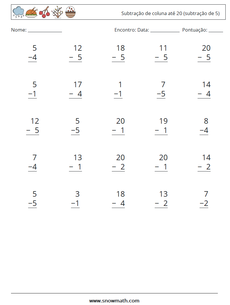 (25) Subtração de coluna até 20 (subtração de 5) planilhas matemáticas 5