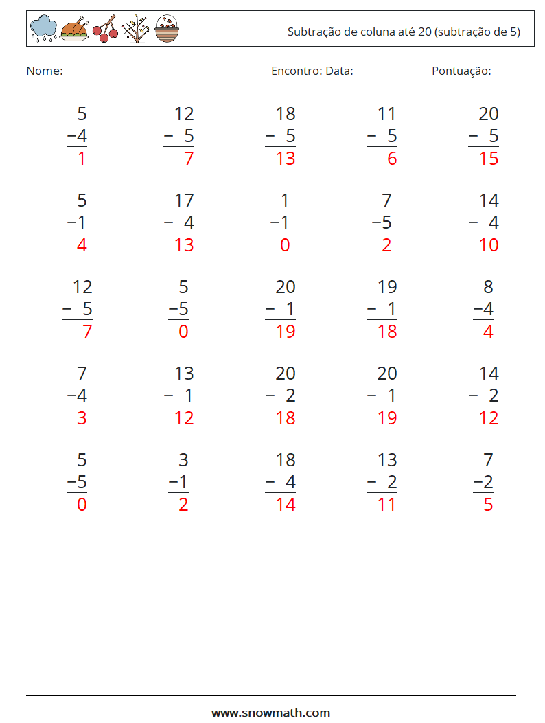 (25) Subtração de coluna até 20 (subtração de 5) planilhas matemáticas 5 Pergunta, Resposta