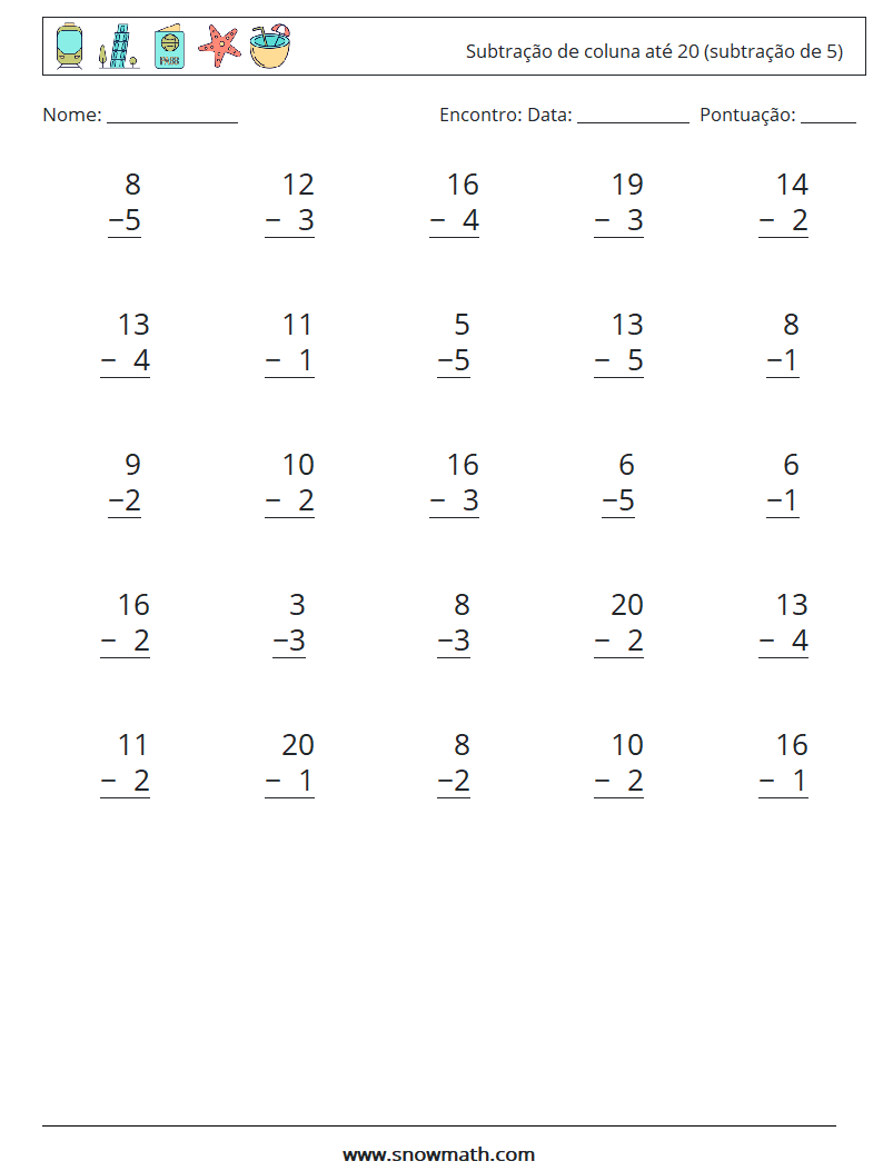 (25) Subtração de coluna até 20 (subtração de 5) planilhas matemáticas 6