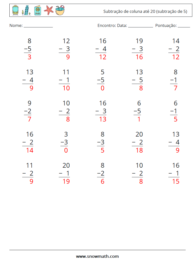 (25) Subtração de coluna até 20 (subtração de 5) planilhas matemáticas 6 Pergunta, Resposta