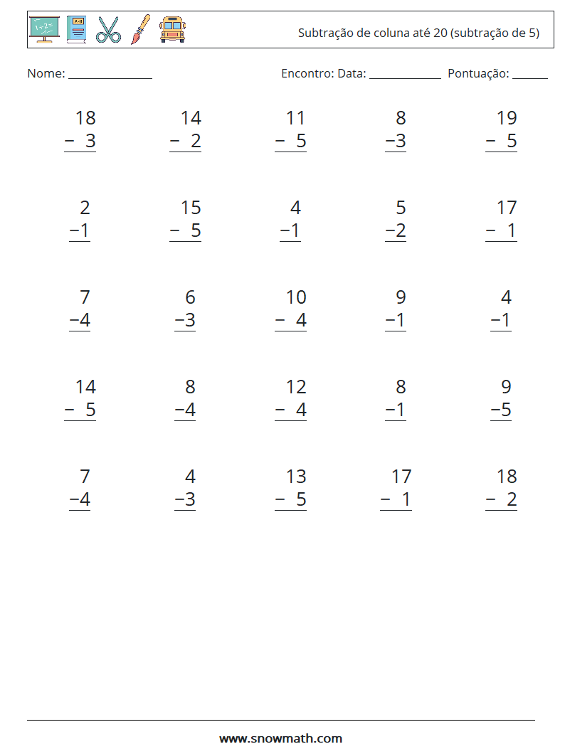 (25) Subtração de coluna até 20 (subtração de 5) planilhas matemáticas 7