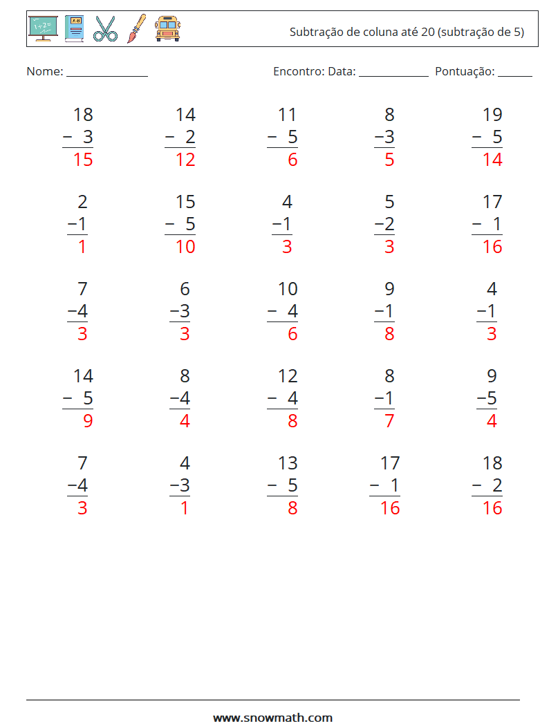 (25) Subtração de coluna até 20 (subtração de 5) planilhas matemáticas 7 Pergunta, Resposta