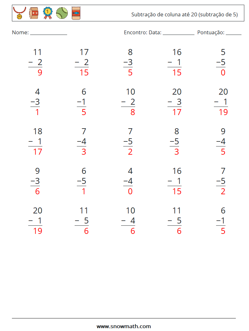 (25) Subtração de coluna até 20 (subtração de 5) planilhas matemáticas 8 Pergunta, Resposta