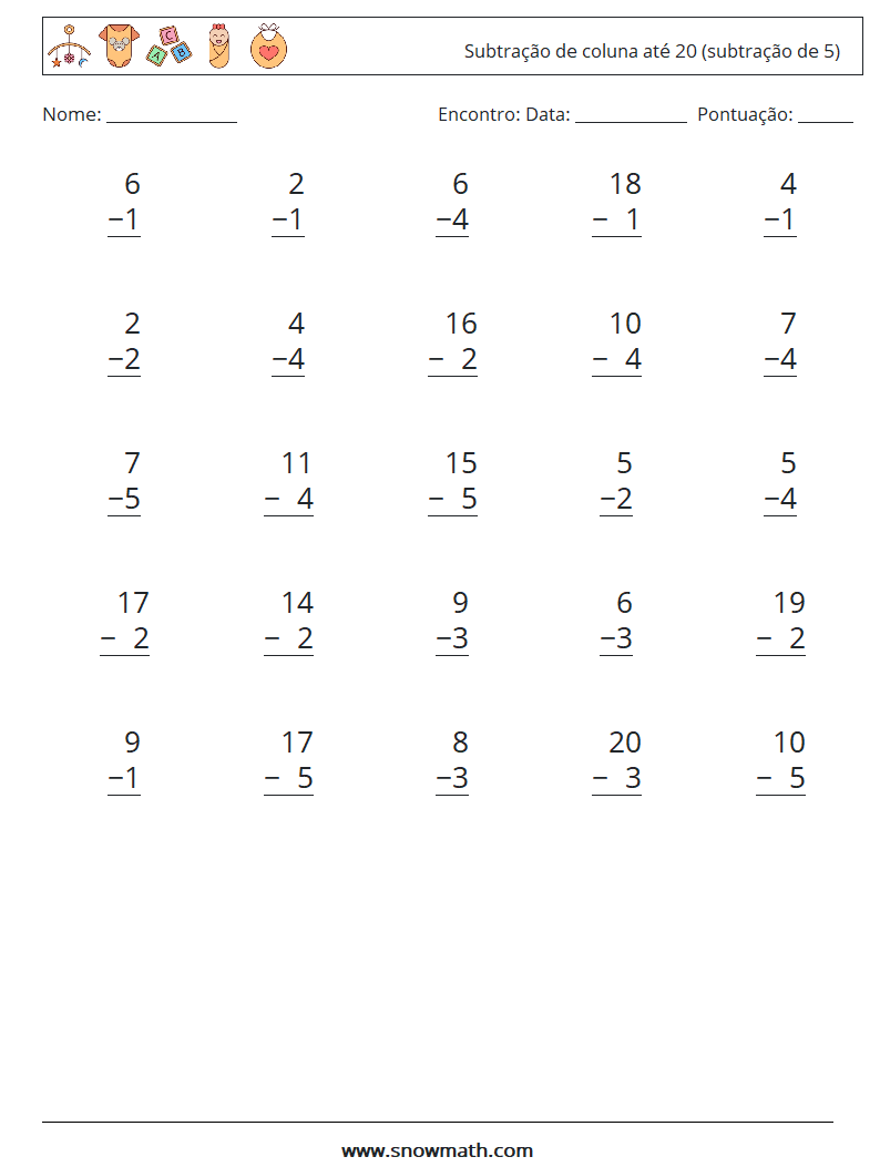 (25) Subtração de coluna até 20 (subtração de 5) planilhas matemáticas 9