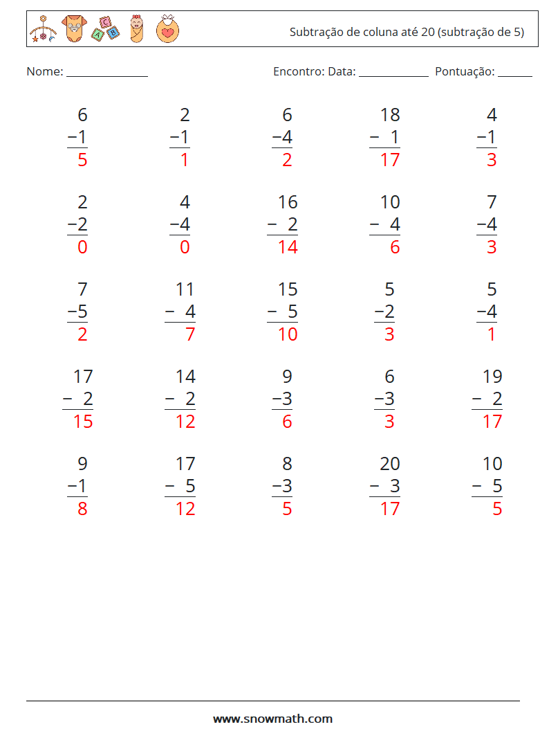 (25) Subtração de coluna até 20 (subtração de 5) planilhas matemáticas 9 Pergunta, Resposta