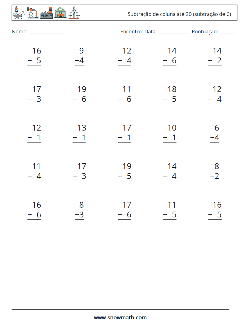 (25) Subtração de coluna até 20 (subtração de 6) planilhas matemáticas 1