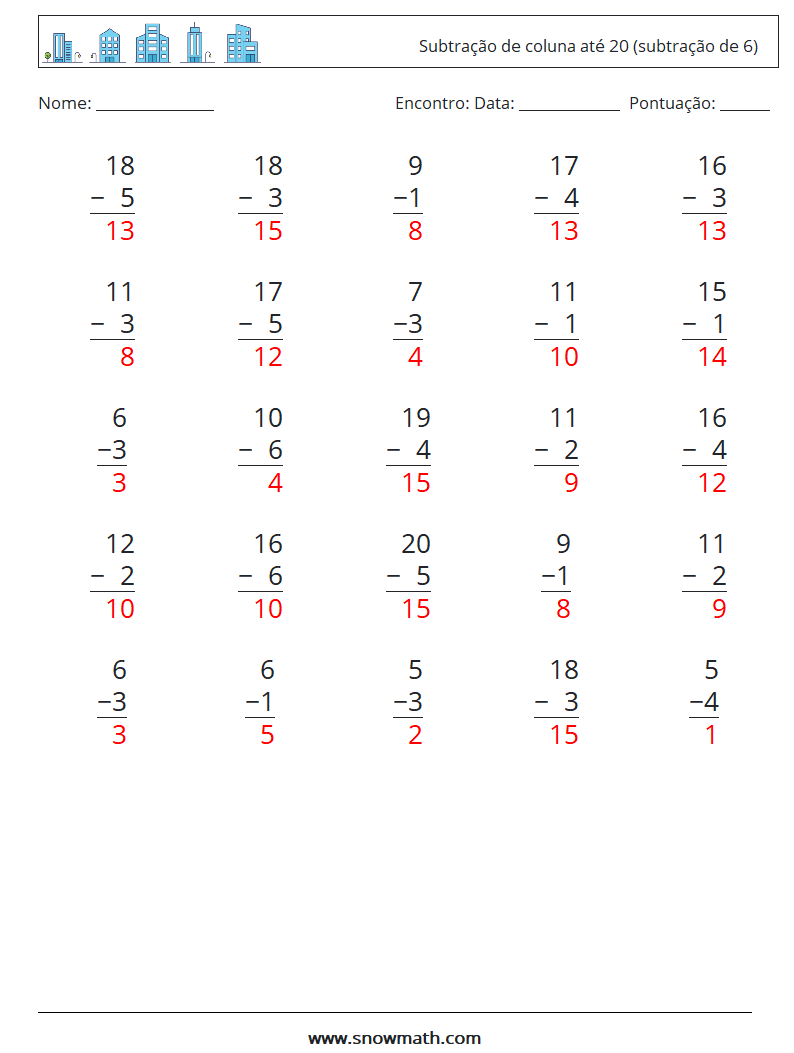 (25) Subtração de coluna até 20 (subtração de 6) planilhas matemáticas 10 Pergunta, Resposta