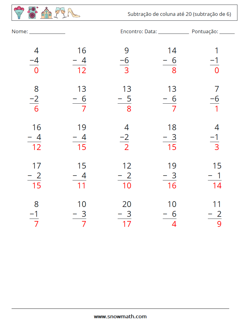 (25) Subtração de coluna até 20 (subtração de 6) planilhas matemáticas 12 Pergunta, Resposta