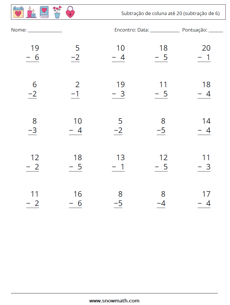 (25) Subtração de coluna até 20 (subtração de 6) planilhas matemáticas 13