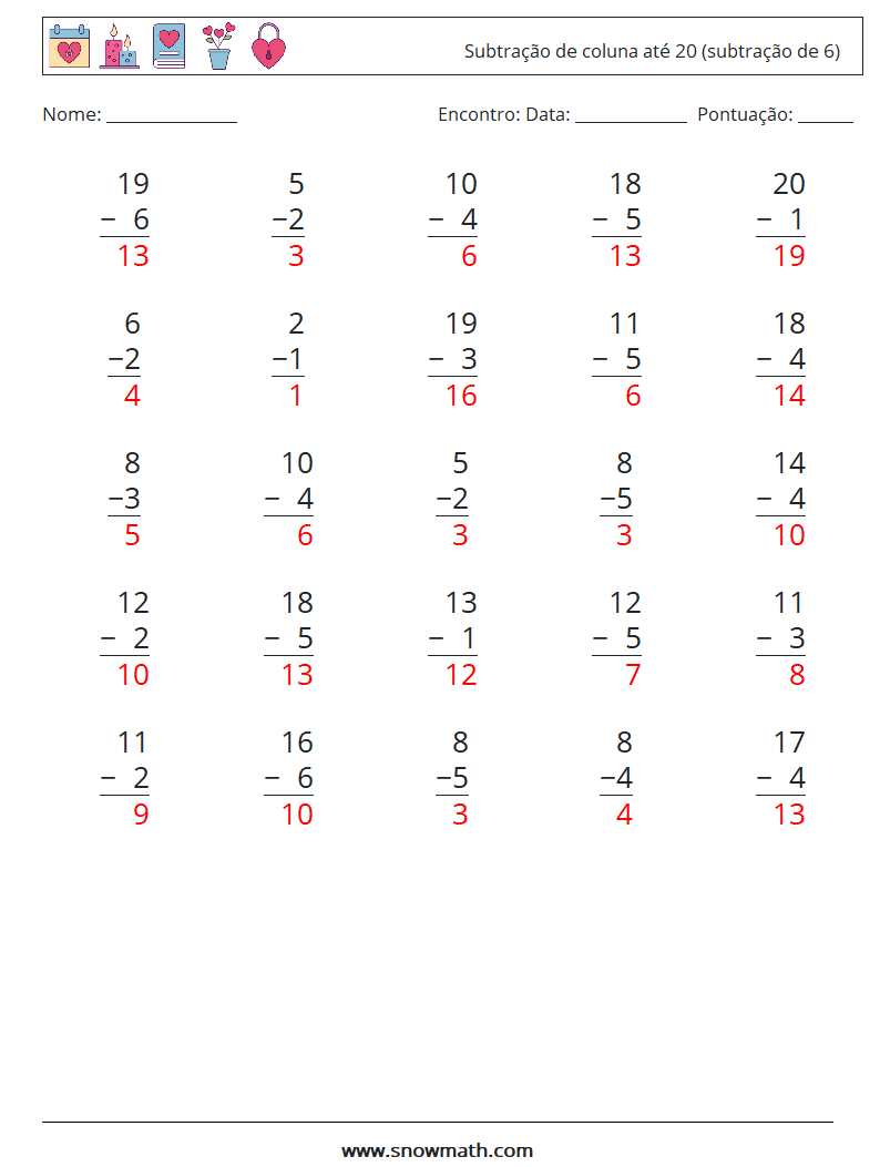 (25) Subtração de coluna até 20 (subtração de 6) planilhas matemáticas 13 Pergunta, Resposta