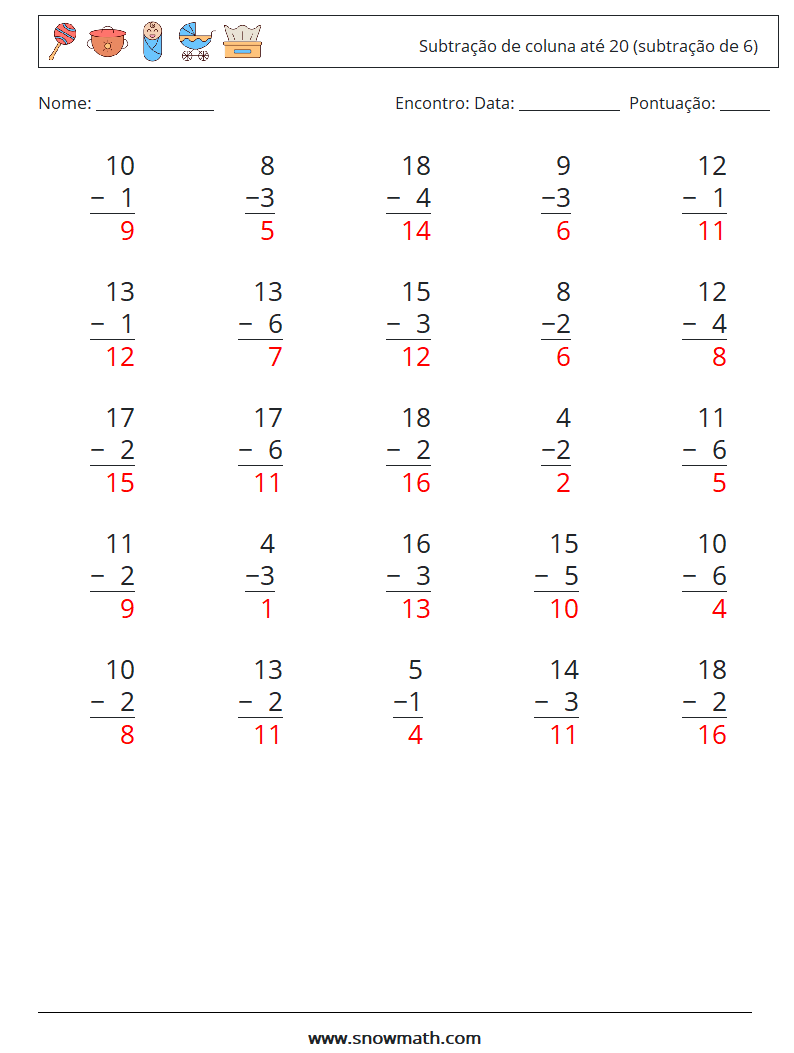 (25) Subtração de coluna até 20 (subtração de 6) planilhas matemáticas 14 Pergunta, Resposta