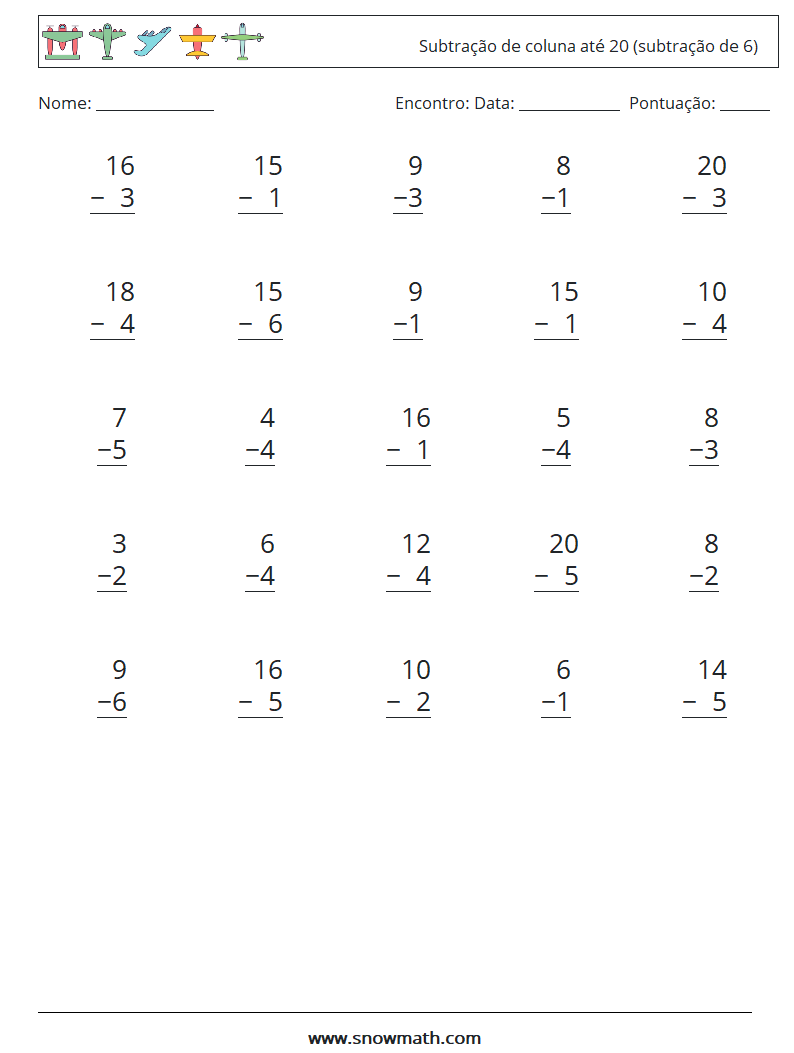 (25) Subtração de coluna até 20 (subtração de 6) planilhas matemáticas 15