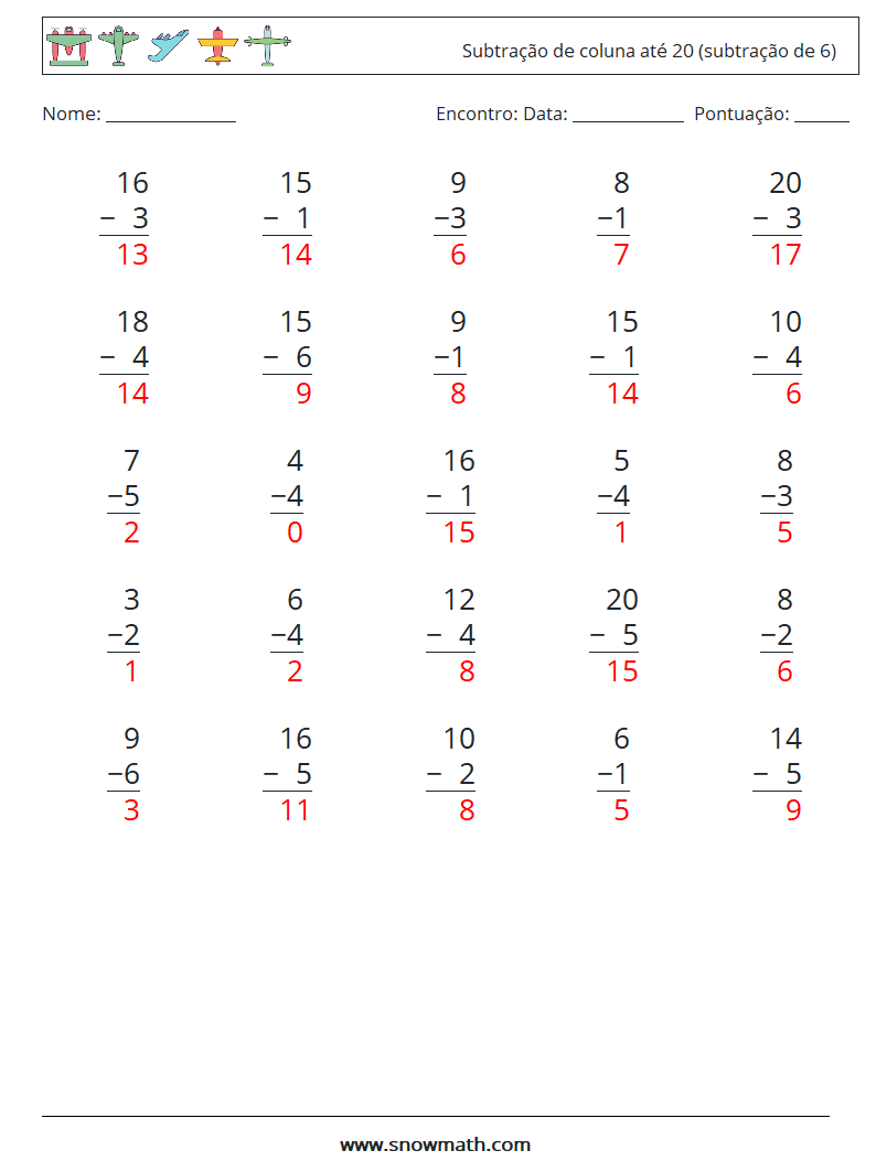 (25) Subtração de coluna até 20 (subtração de 6) planilhas matemáticas 15 Pergunta, Resposta