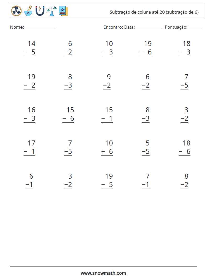 (25) Subtração de coluna até 20 (subtração de 6) planilhas matemáticas 18