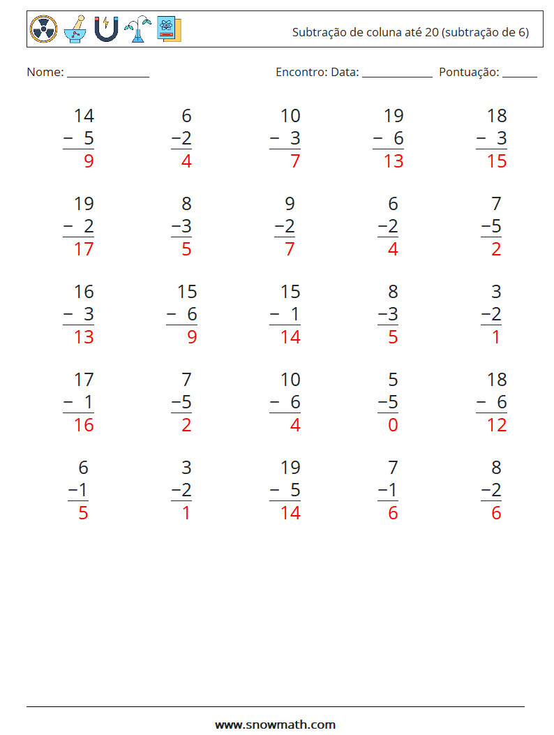 (25) Subtração de coluna até 20 (subtração de 6) planilhas matemáticas 18 Pergunta, Resposta