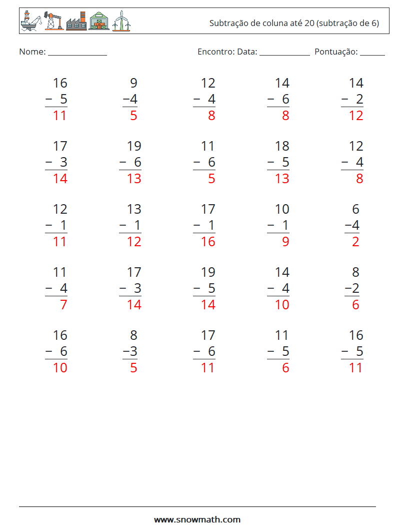 (25) Subtração de coluna até 20 (subtração de 6) planilhas matemáticas 1 Pergunta, Resposta