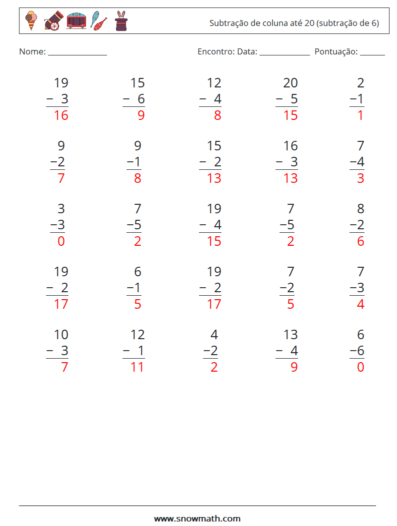 (25) Subtração de coluna até 20 (subtração de 6) planilhas matemáticas 2 Pergunta, Resposta