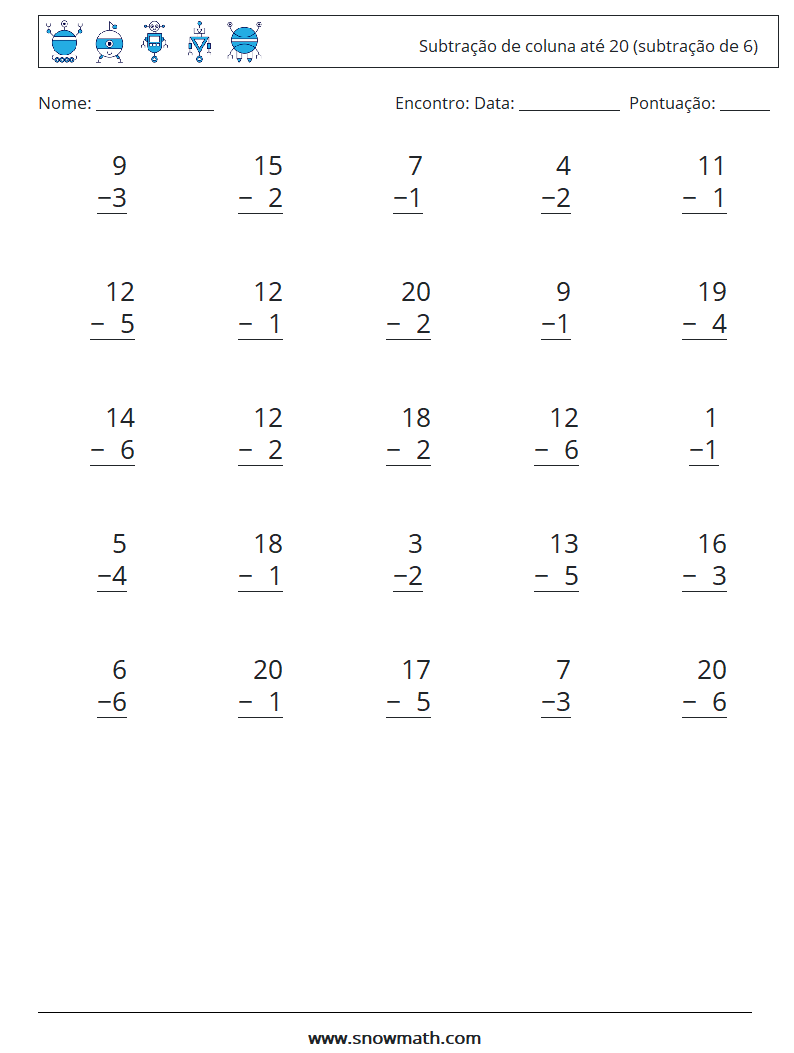 (25) Subtração de coluna até 20 (subtração de 6) planilhas matemáticas 3