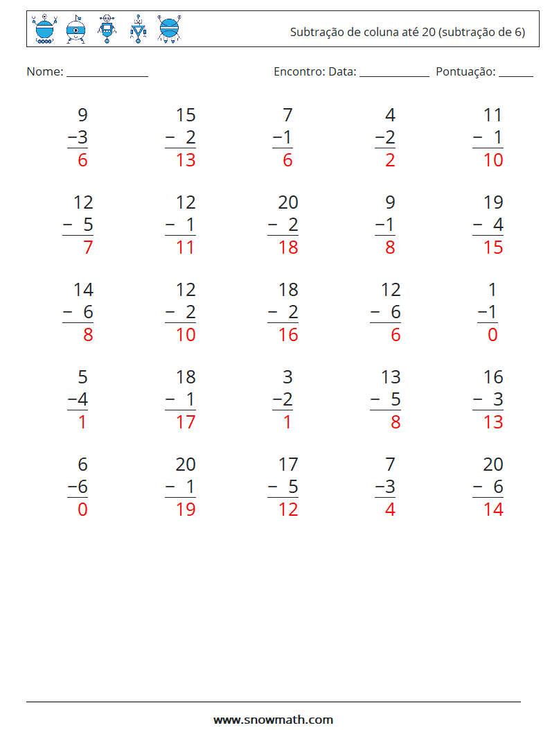 (25) Subtração de coluna até 20 (subtração de 6) planilhas matemáticas 3 Pergunta, Resposta