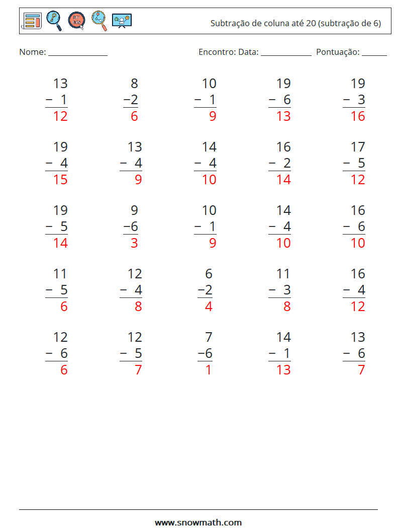 (25) Subtração de coluna até 20 (subtração de 6) planilhas matemáticas 4 Pergunta, Resposta