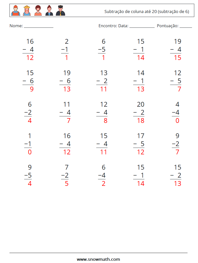 (25) Subtração de coluna até 20 (subtração de 6) planilhas matemáticas 5 Pergunta, Resposta