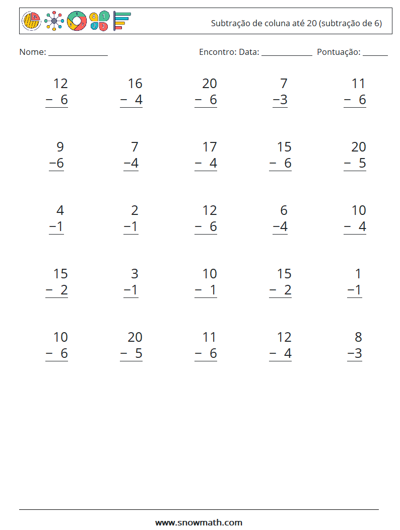 (25) Subtração de coluna até 20 (subtração de 6) planilhas matemáticas 6