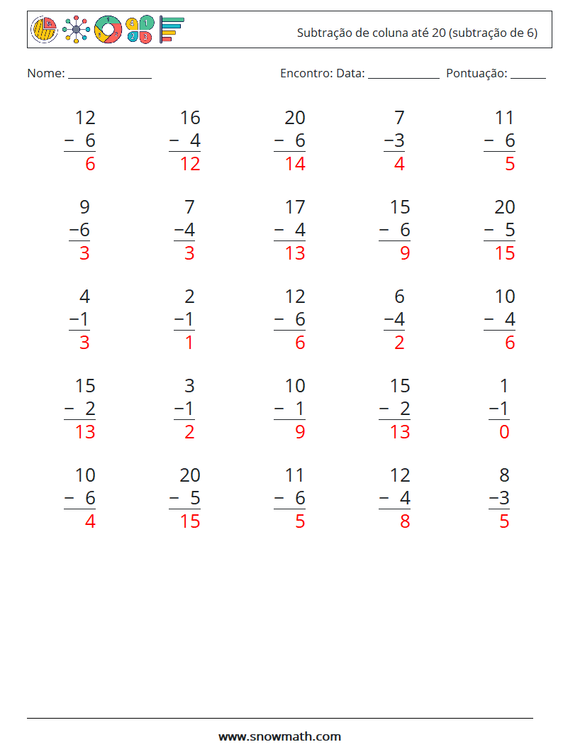 (25) Subtração de coluna até 20 (subtração de 6) planilhas matemáticas 6 Pergunta, Resposta