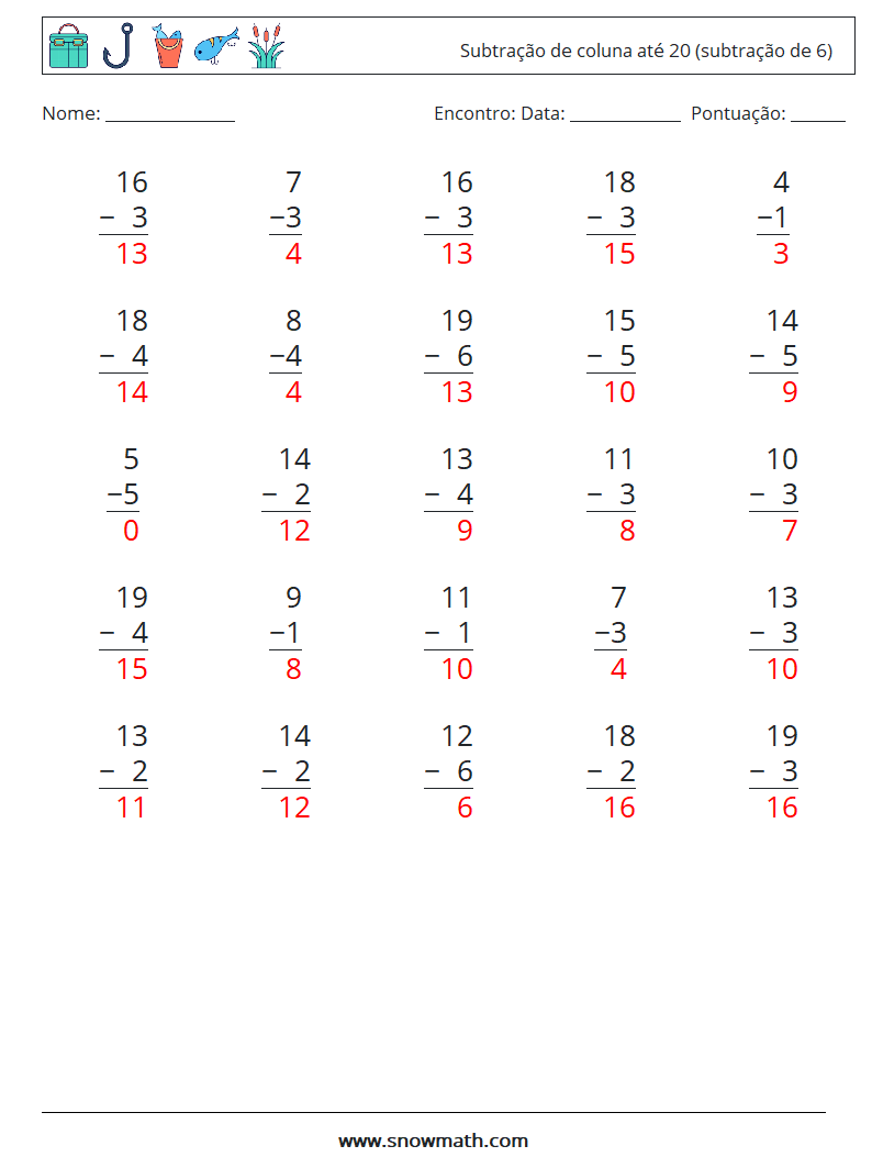 (25) Subtração de coluna até 20 (subtração de 6) planilhas matemáticas 7 Pergunta, Resposta