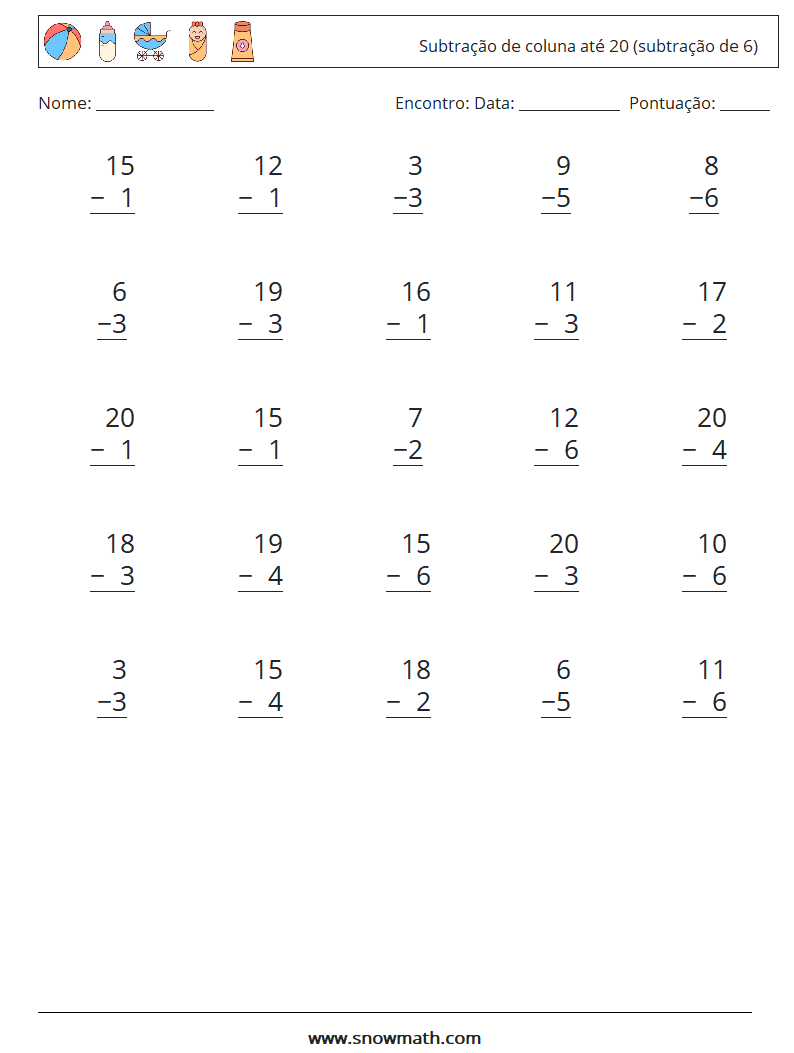 (25) Subtração de coluna até 20 (subtração de 6) planilhas matemáticas 9