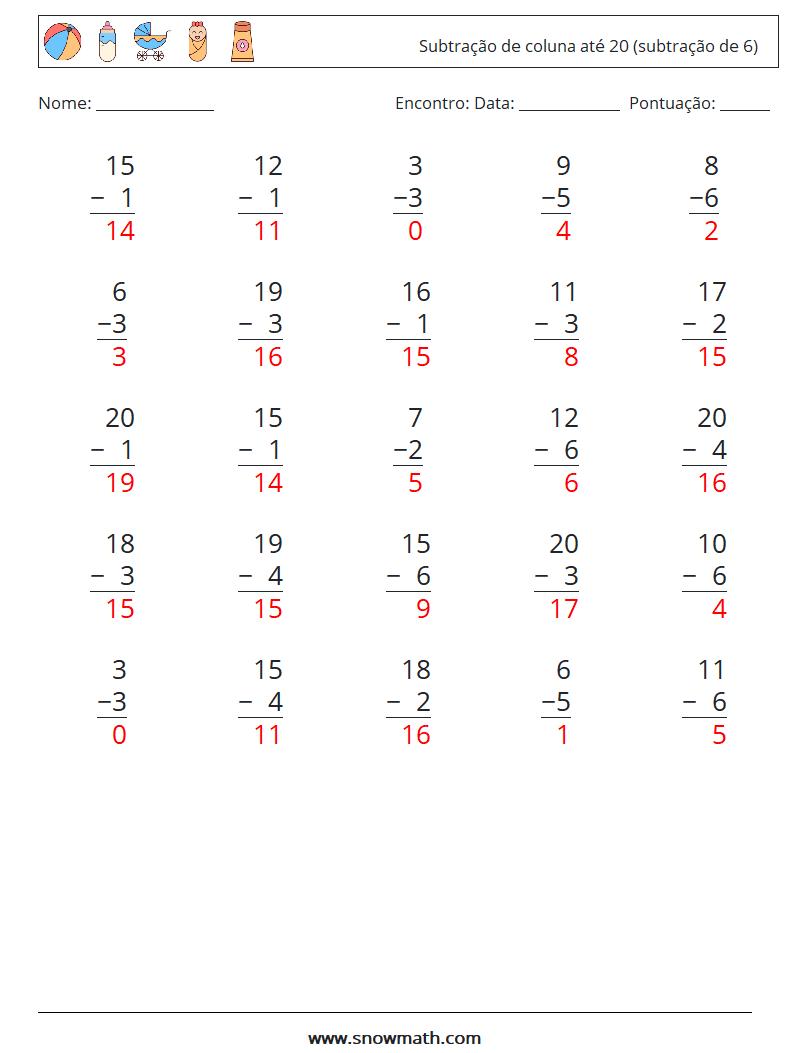 (25) Subtração de coluna até 20 (subtração de 6) planilhas matemáticas 9 Pergunta, Resposta