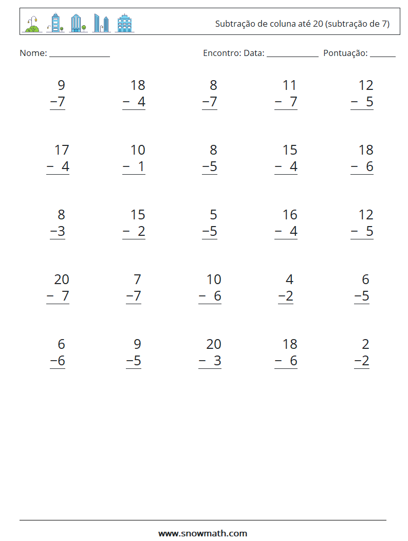 (25) Subtração de coluna até 20 (subtração de 7) planilhas matemáticas 1